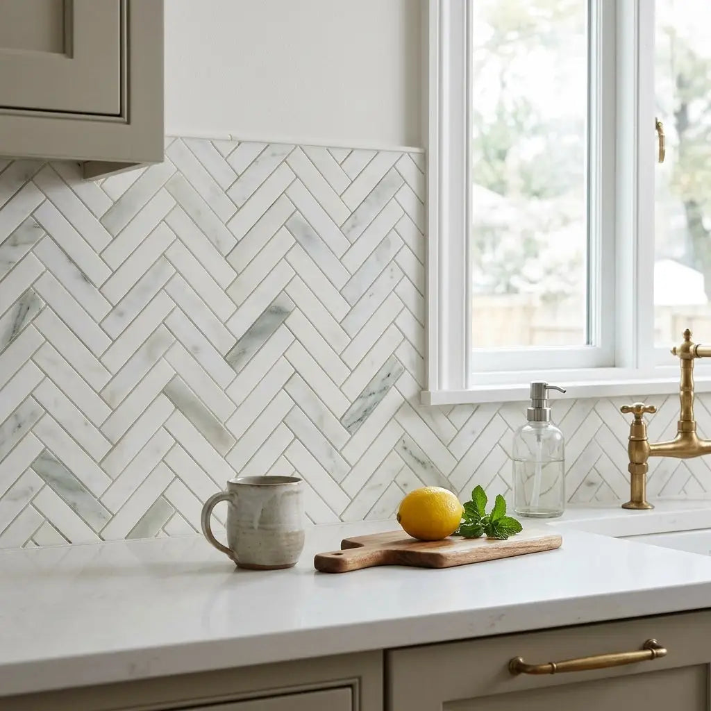 Calacatta Verde Royale marble 1x6 white marble herringbone mosaic tile polished or honed for backsplash use