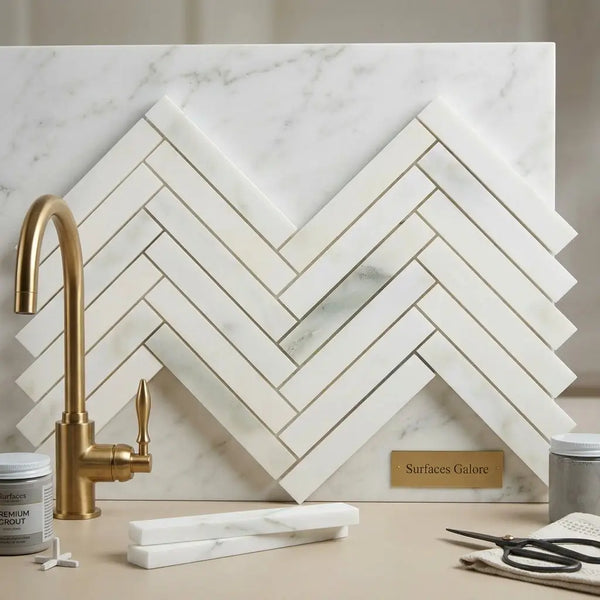 Calacatta verde royale marble 1x6 polished white marble tiles arranged in a herringbone mosaic pattern