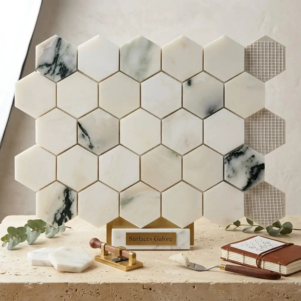 Calacatta verde royale marble 2 inch hexagon mosaic tile polished white marble with black veining wall display