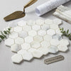 Calacatta verde royale marble 2 inch white hexagon mosaic tile with subtle gray veining polished or honed finish