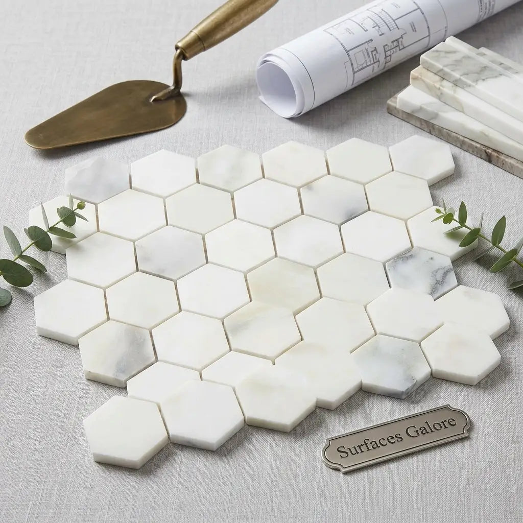 Calacatta verde royale marble 2 inch white hexagon mosaic tile with subtle gray veining polished or honed finish