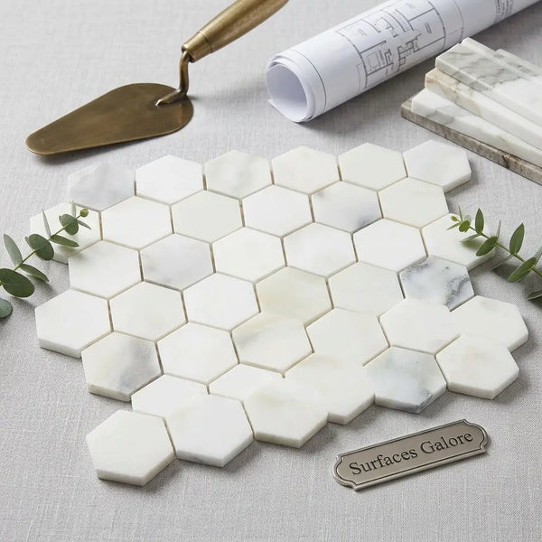 Calacatta verde royale marble 2 inch white hexagon mosaic tile with subtle gray veining polished or honed finish