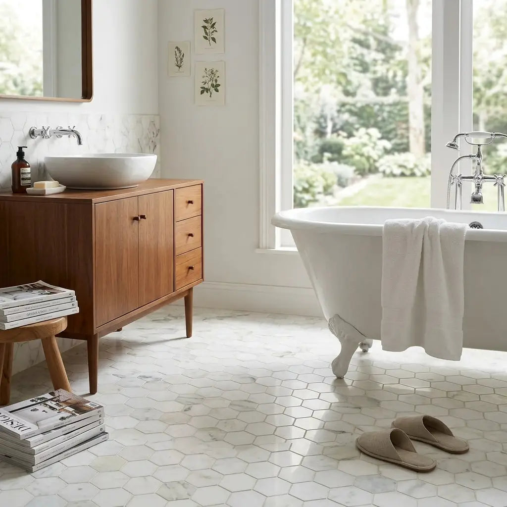 White clawfoot bathtub with towel beside calacatta verde royale marble 2 inch hexagon mosaic tile polished or honed