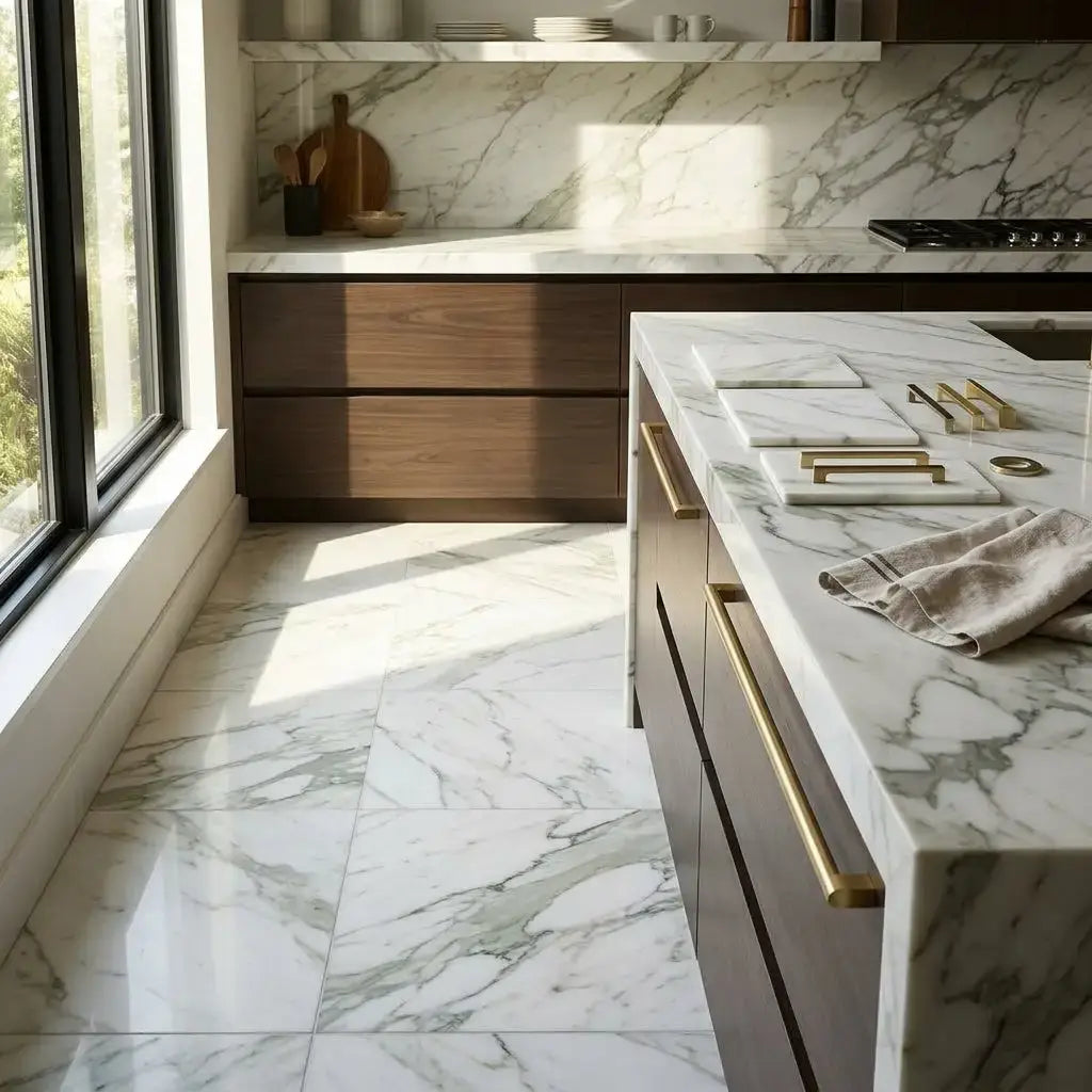 White marble calacatta verde royale 24x24 tile with elegant gray veining and gold-toned drawer pulls on countertop