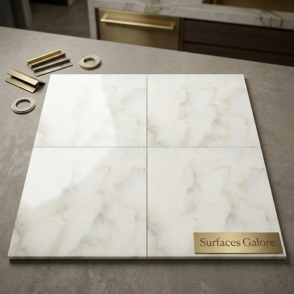 Four white marble-effect calacatta verde royale 24x24 polished or honed tiles with subtle gray veining on countertop