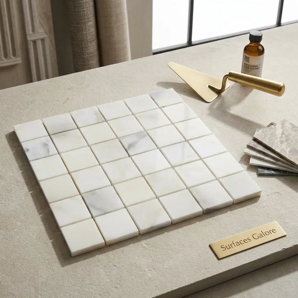 Calacatta Verde Royale marble 2x2 mosaic tile polished or honed with white marble and subtle gray veining in grid pattern