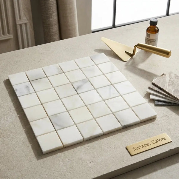Calacatta Verde Royale marble 2x2 mosaic tile polished or honed with white marble and subtle gray veining in grid pattern