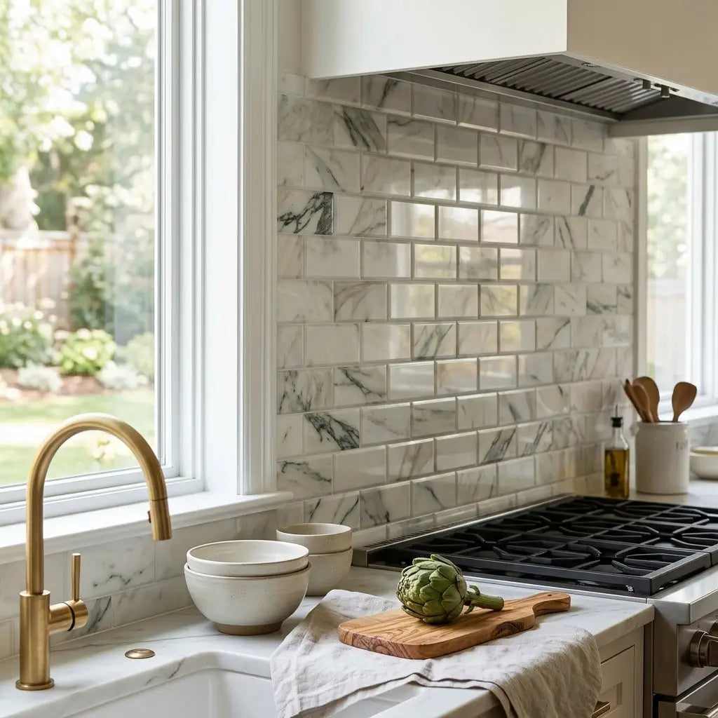 White marble subway tile backsplash with gray veining calacatta verde royale marble 2x4 brick deep-beveled mosaic tile polished-honed
