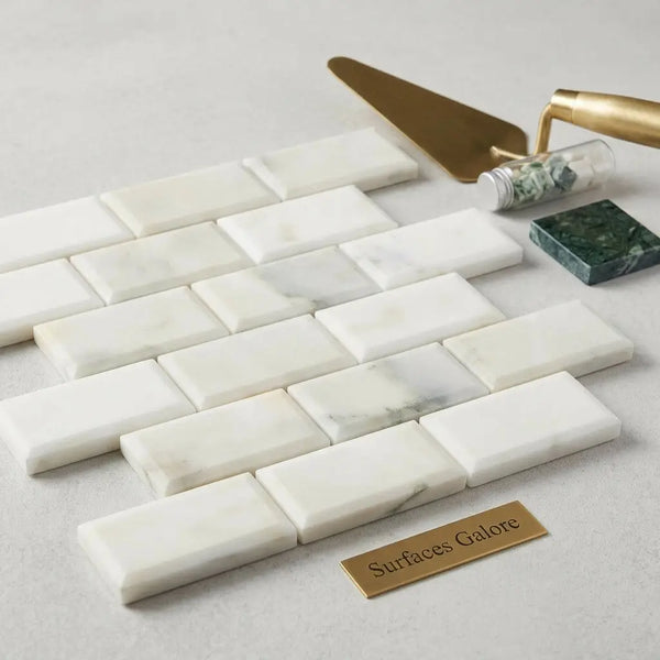 Calacatta verde royale marble 2x4 brick deep-beveled mosaic tile polished-honed white marble subway tiles with gray veining