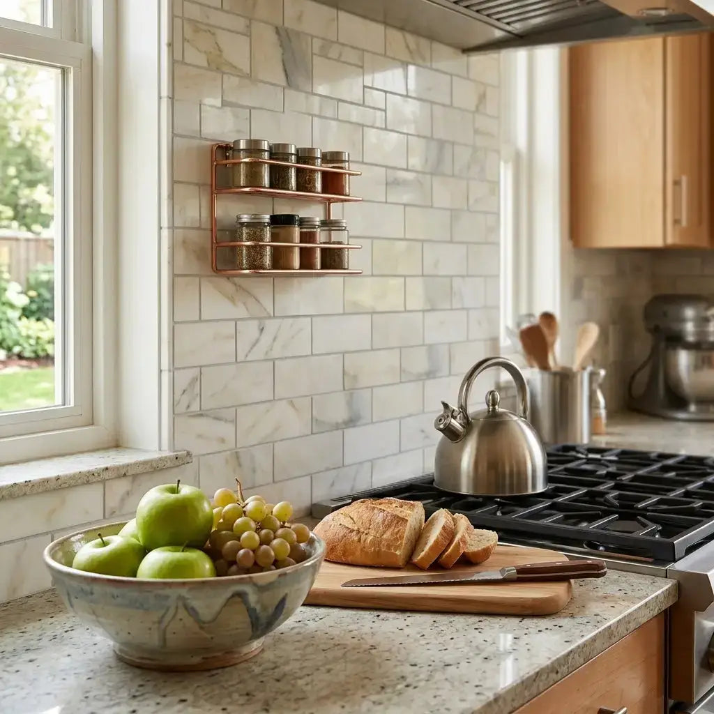 A copper two-tier spice rack with glass jars displayed on a calacatta verde royale marble 2x4 brick mosaic tile surface
