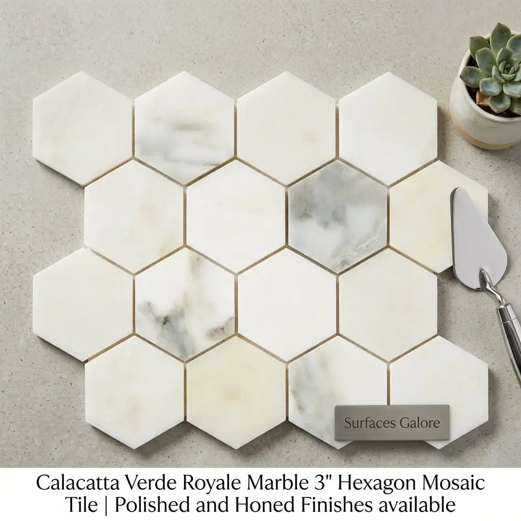 Calacatta verde royale marble 3 inch hexagon mosaic tile with polished and honed creamy white base and gray veining