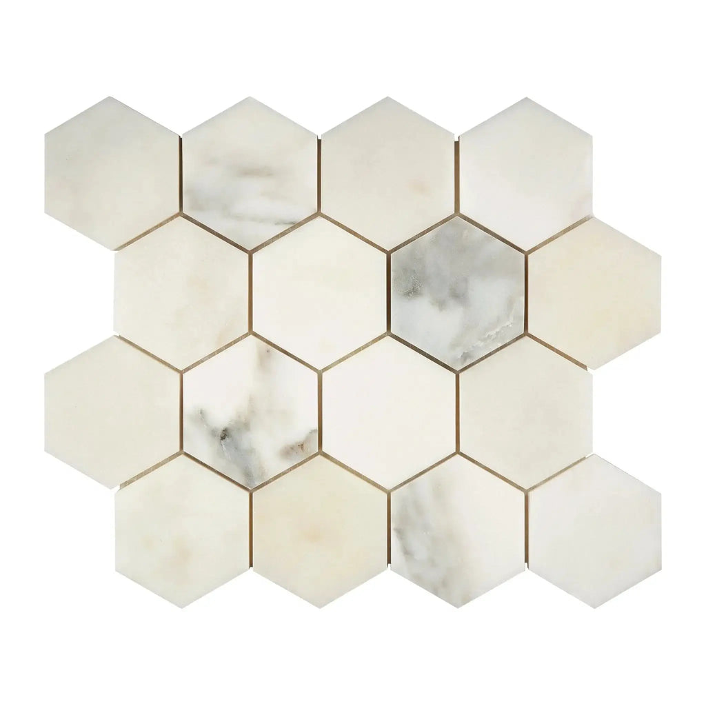 Calacatta Oliva Marble 3 inch Hexagon Mosaic Tile Sheet in Polished or Honed Finish