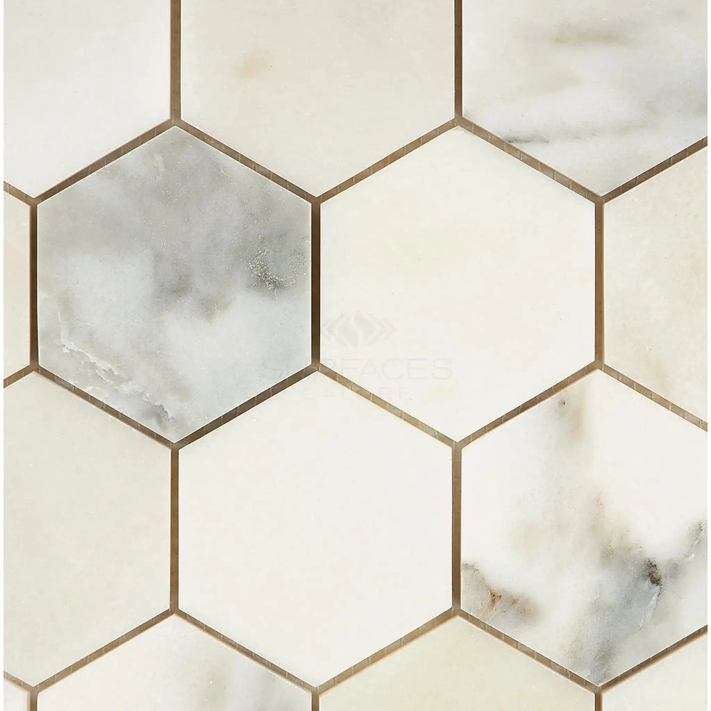 Calacatta Oliva Marble 3 inch Hexagon Mosaic Tile featuring a polished or honed finish