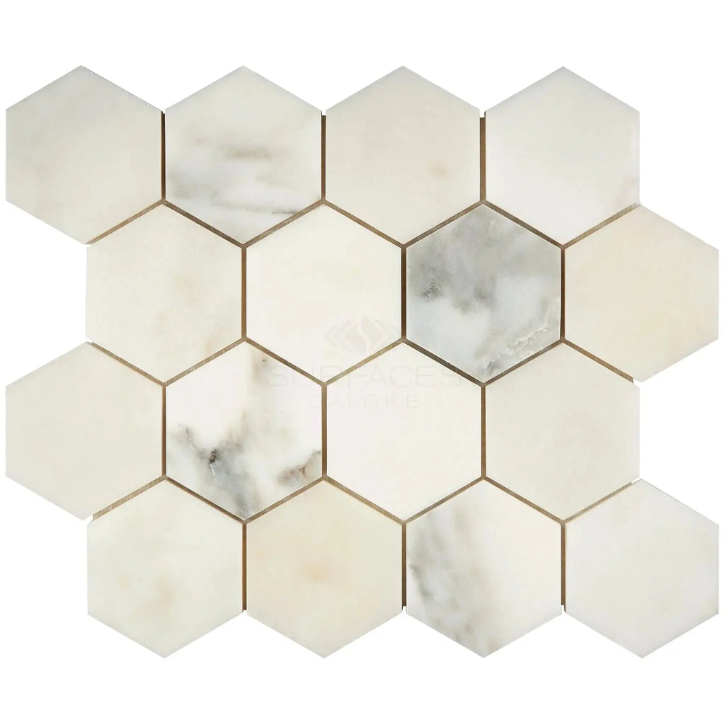 Calacatta Oliva Marble 3 inch Hexagon Mosaic Tile in polished finish for elegant design