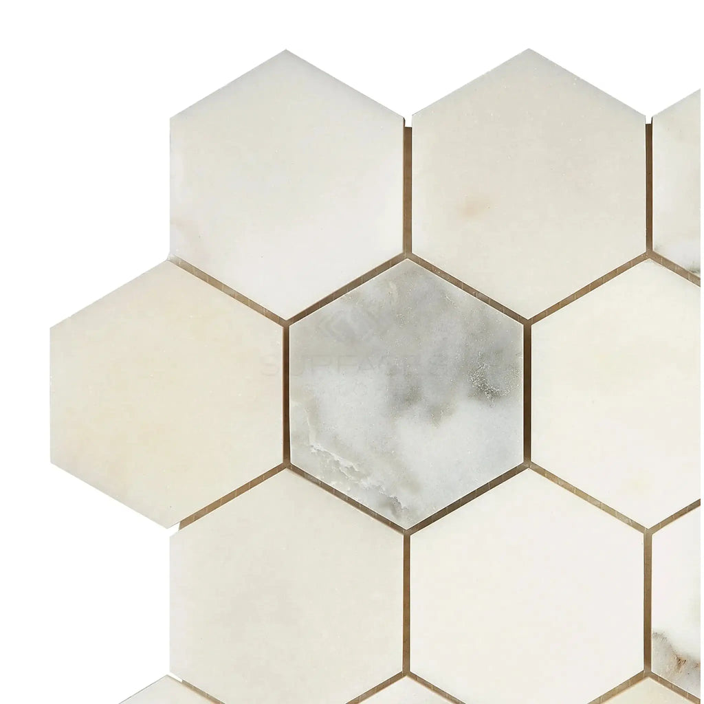 Calacatta Oliva Marble 3 Inch Hexagon Mosaic Tile in Polished and Honed Finish