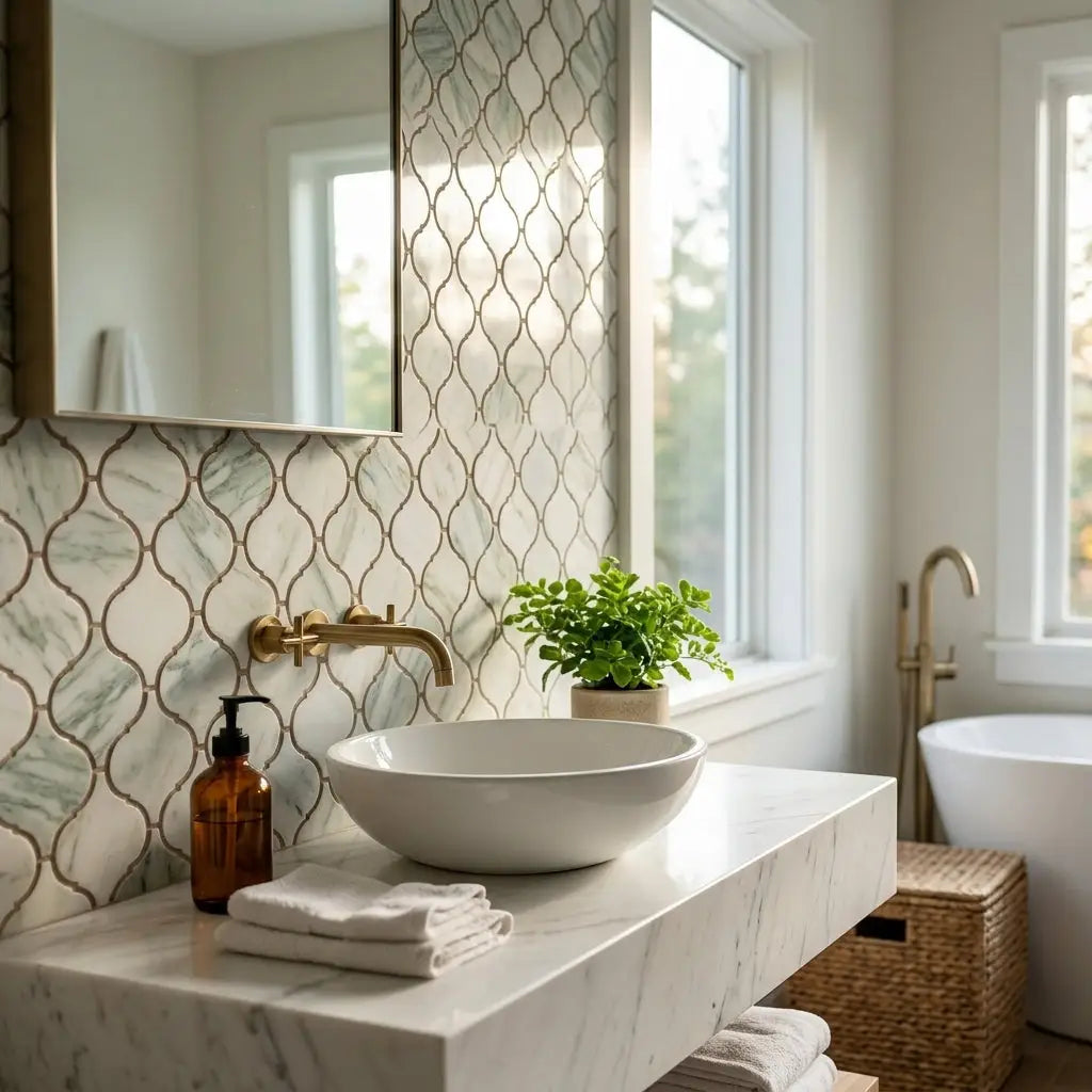 White ceramic bowl sink with smooth rounded design and glossy finish displayed with calacatta verde royale marble 3 inch arabesque mosaic tile