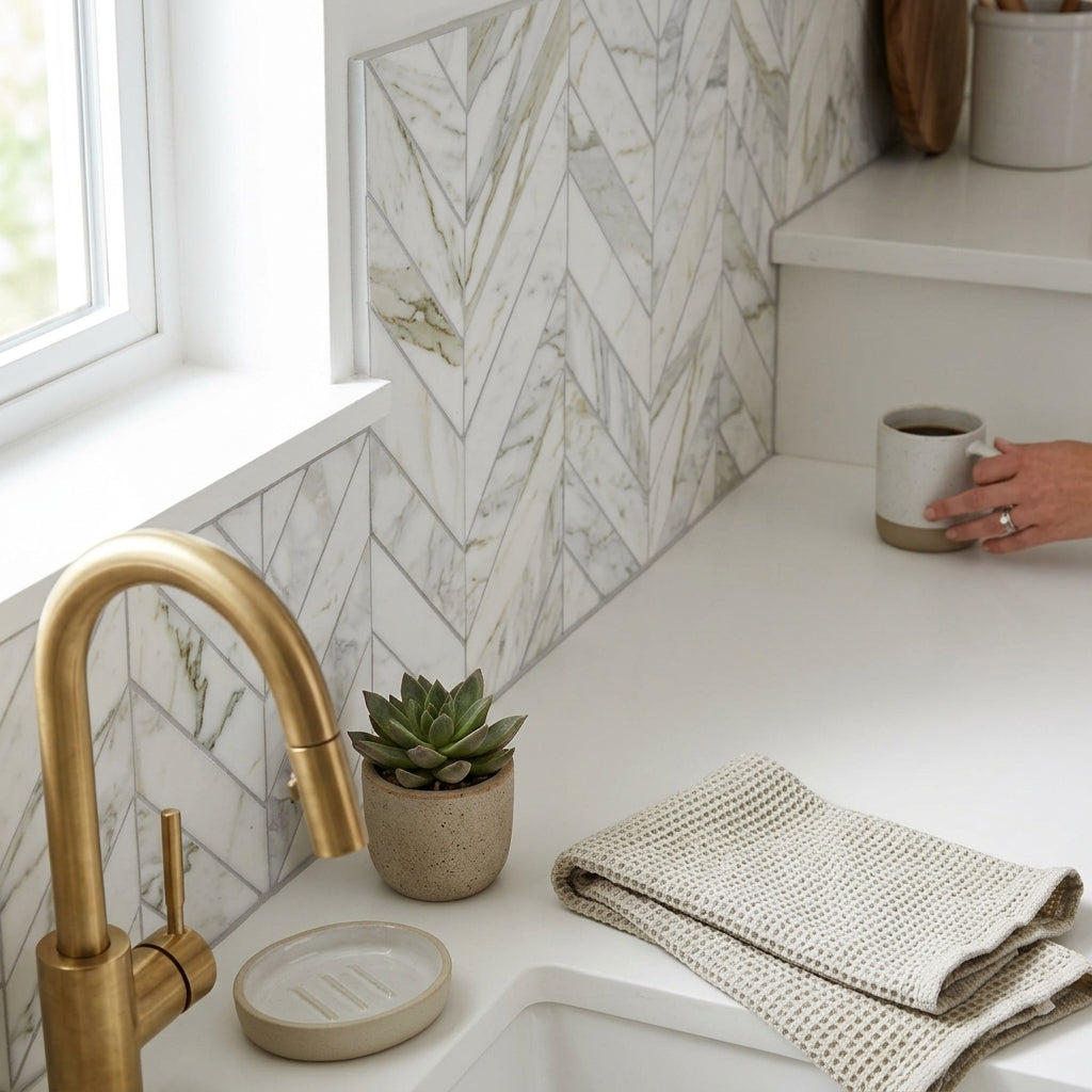 Gold-toned kitchen faucet with a sleek curved spout complements calacatta verde royale marble 3x12 chevron mosaic tile