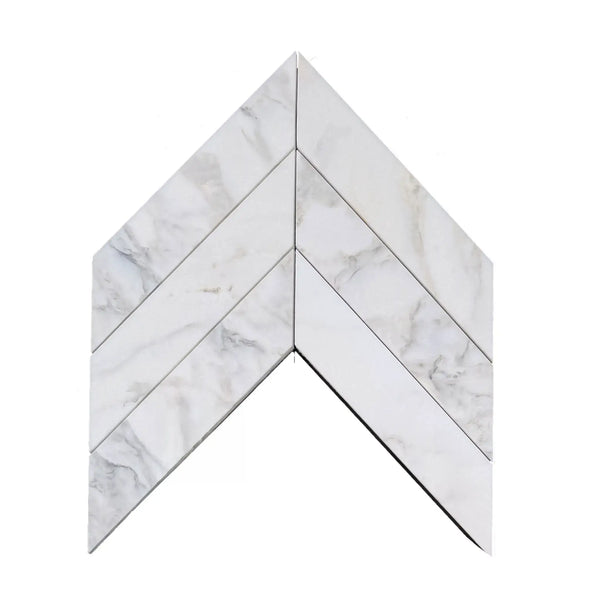 White marble mosaic tile chevron pattern calacatta verde royale marble 3x12 polished-honed finish