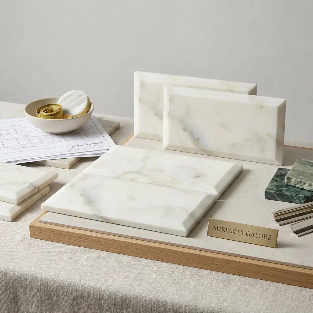 Calacatta Verde Royale Marble 3x6 deep-beveled tile polished-honed white marble with subtle gray veining on wooden tray