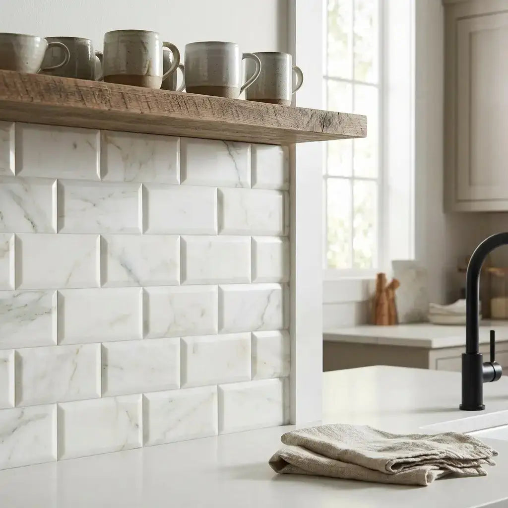 Calacatta verde royale marble 3x6 deep-beveled tile in polished-honed white marble effect with subtle gray veining