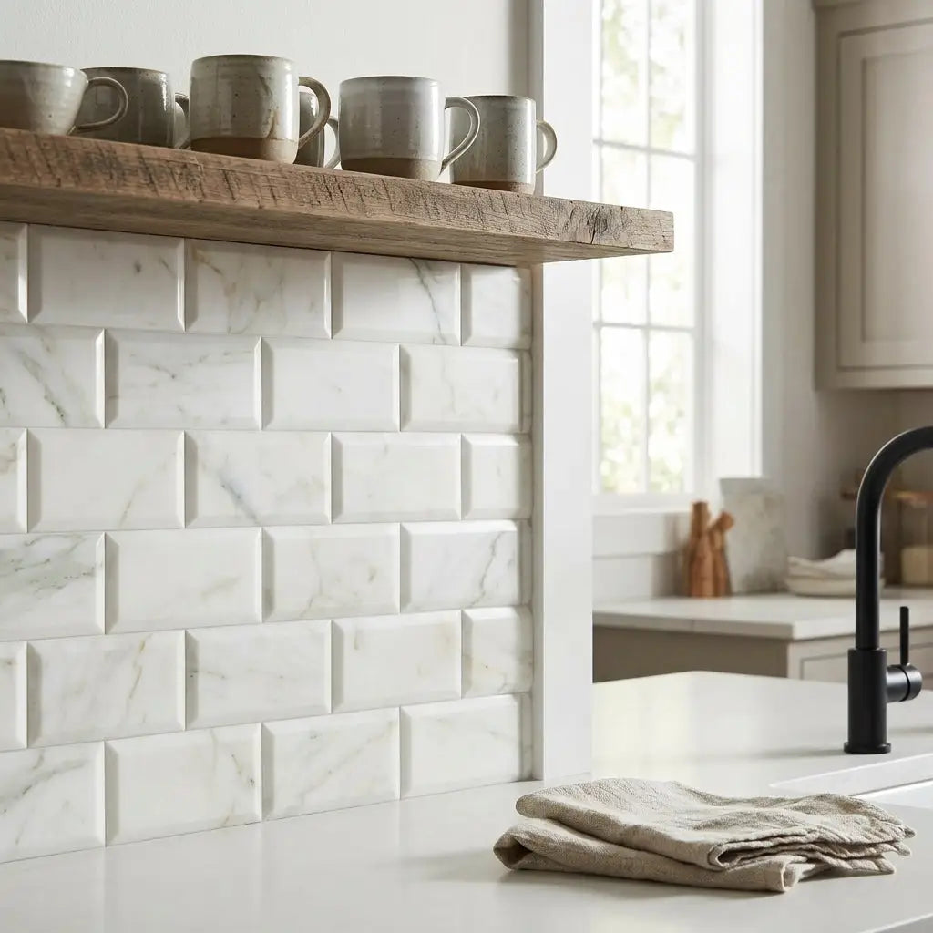 Calacatta verde royale marble 3x6 deep-beveled polished-honed subway tile with white marble-effect and gray veining backsplash