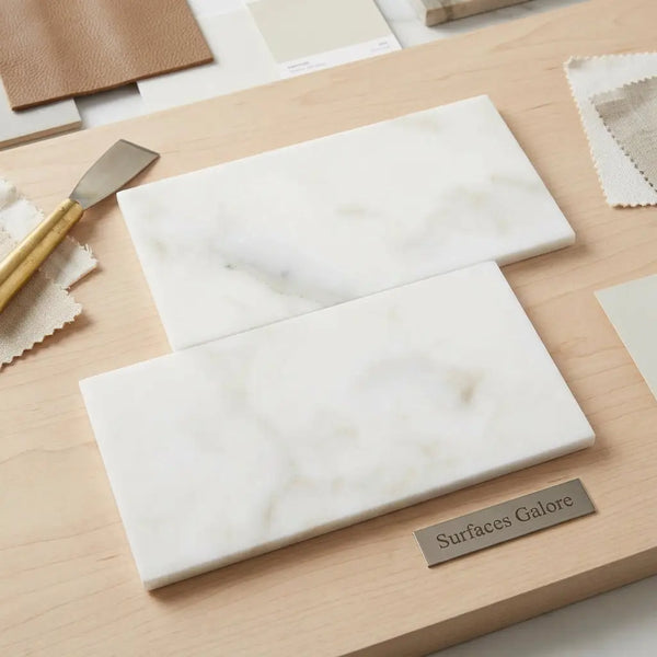 Two rectangular white marble tiles with subtle gray veining from calacatta verde royale marble 3x6 polished or honed series