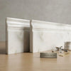 Calacatta Verde Royale marble 4 3/4x12 white baseboard molding with elegant classic profile and subtle veining
