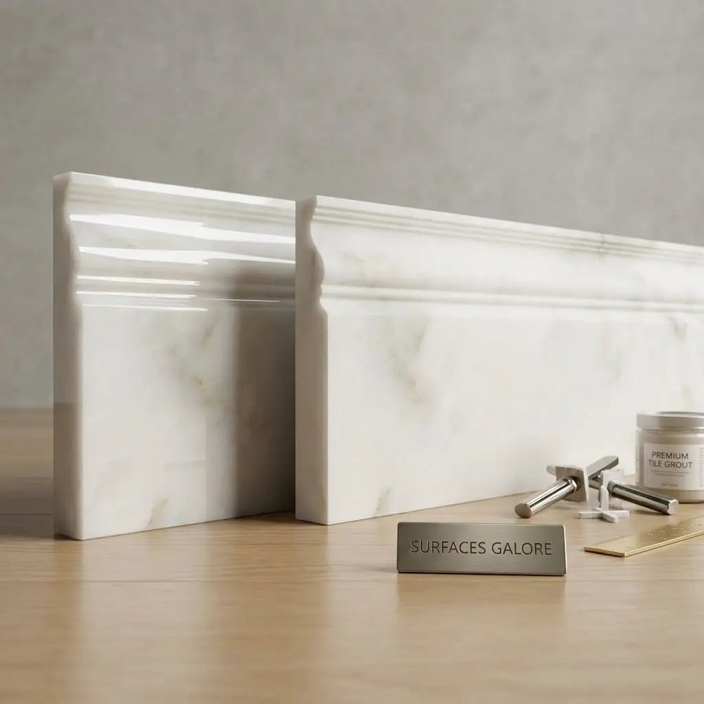 Calacatta Verde Royale marble 4 3/4x12 white baseboard molding with elegant classic profile and subtle veining