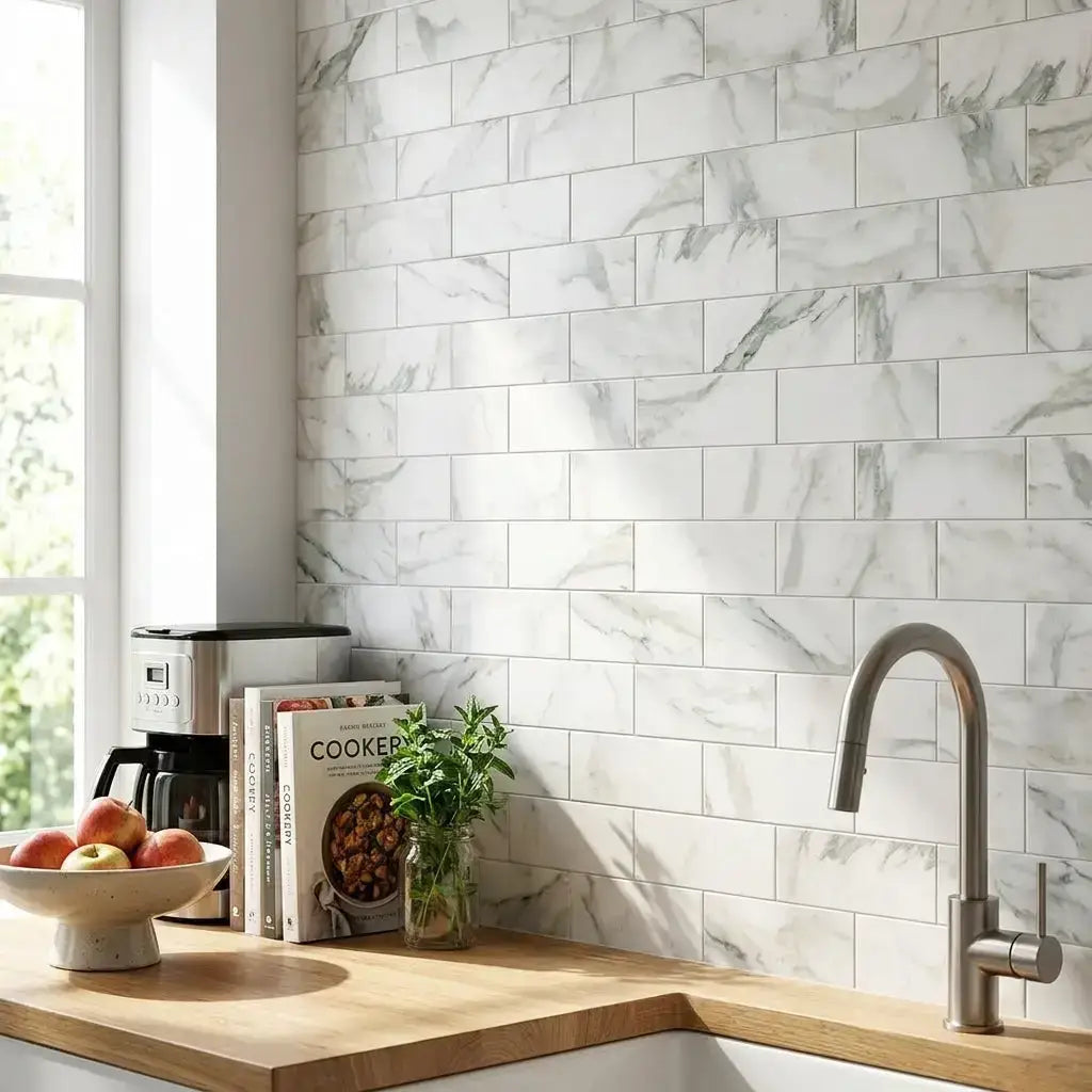 Calacatta verde royale marble 4x12 polished subway tile with white marble pattern and gray veining