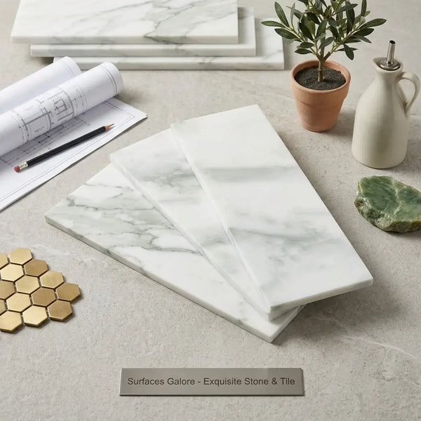 Calacatta Verde Royale marble 4x12 polished or honed tile stacked with white marble and subtle gray veining
