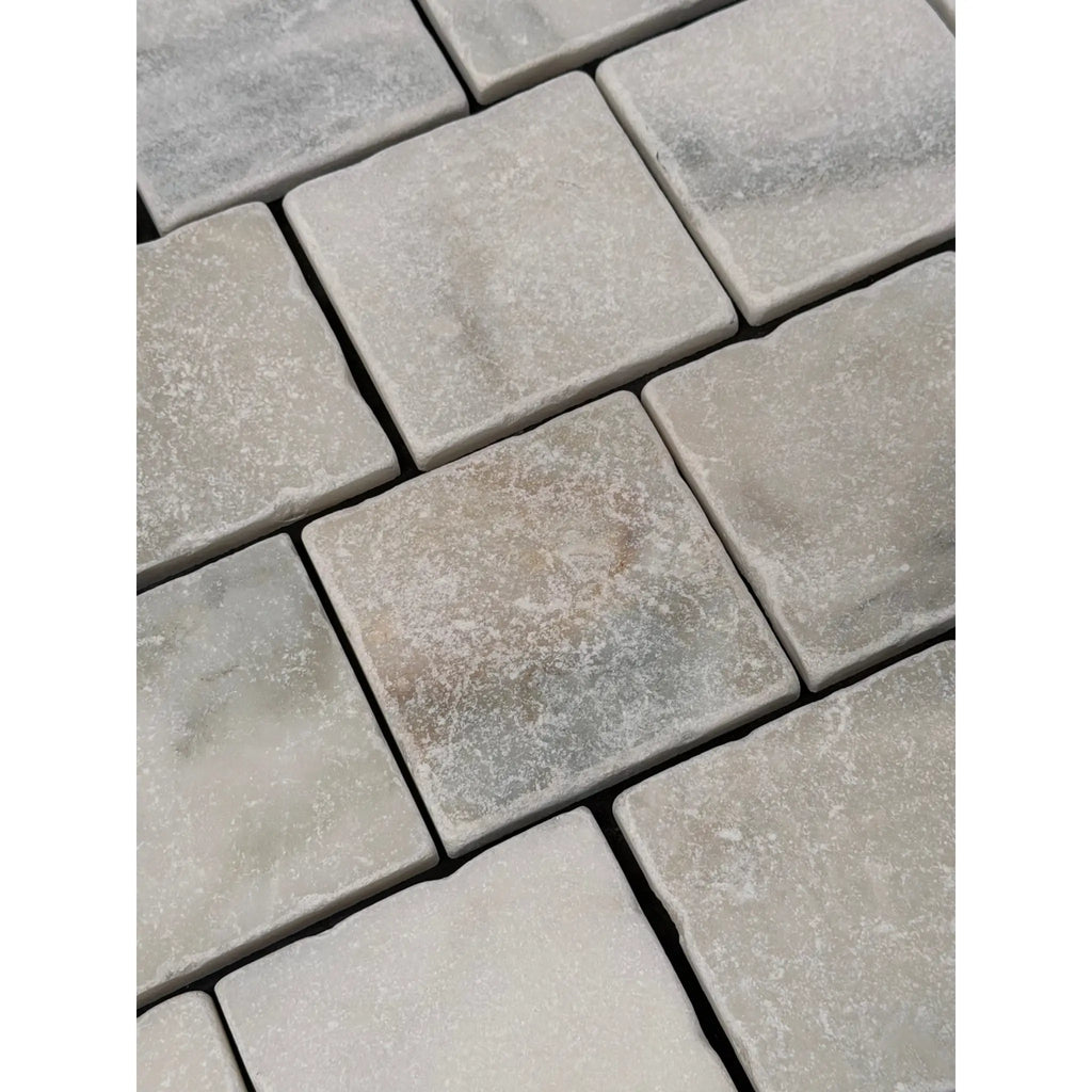 Calacatta verde royale marble 4x4 tile tumbled gray stone pavers with natural weathered texture and subtle veining
