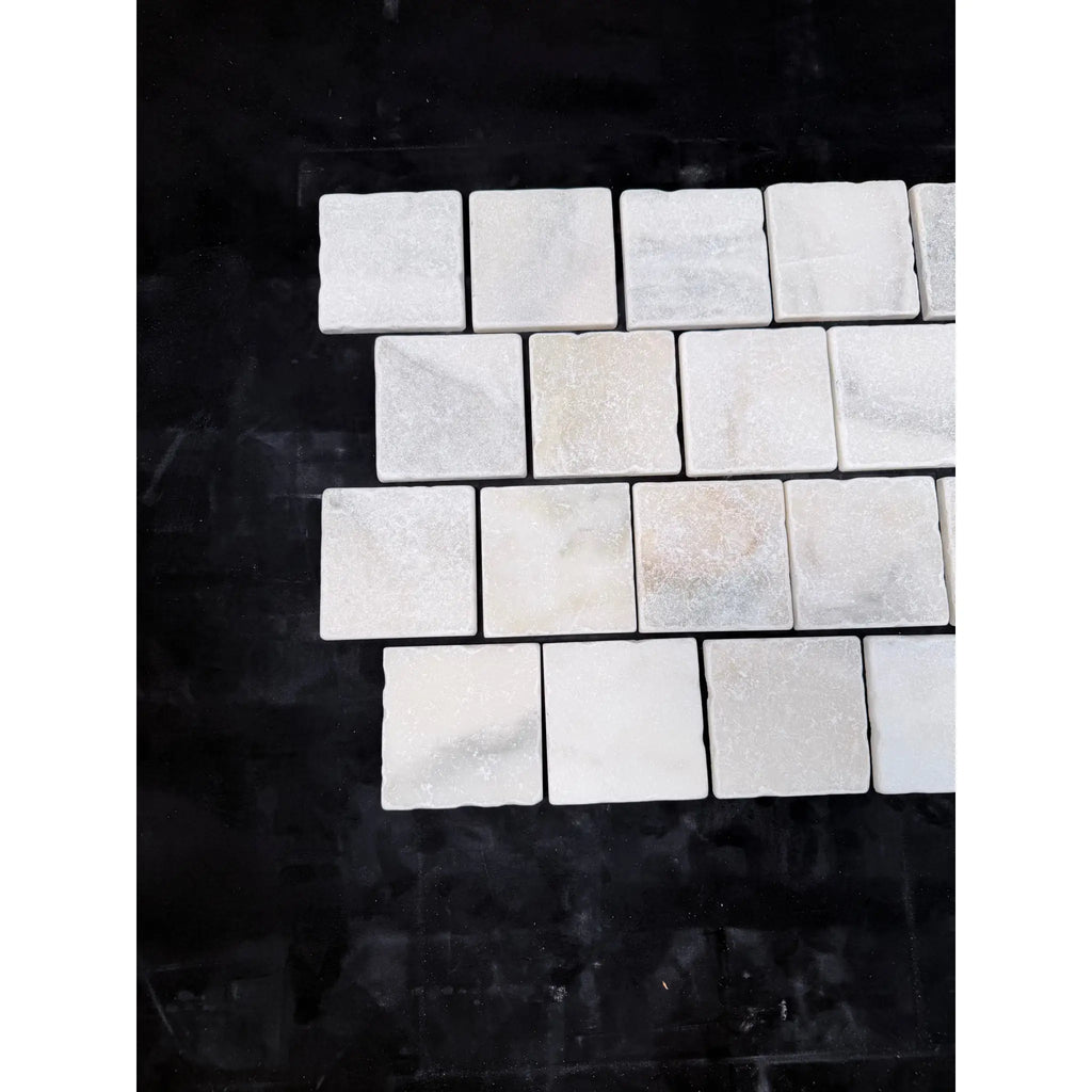 Calacatta verde royale marble 4x4 tile tumbled white marble mosaic with subtle gray veining and rustic edges