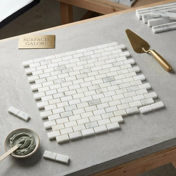 Calacatta verde royale marble 5/8x1 1/4 white marble subway tile mosaic in classic brick pattern polished or honed