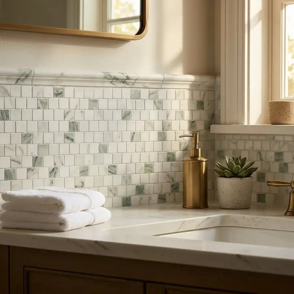 Calacatta Verde Royale marble 5/8x5/8 polished or honed white mosaic tile backsplash with subtle green veining