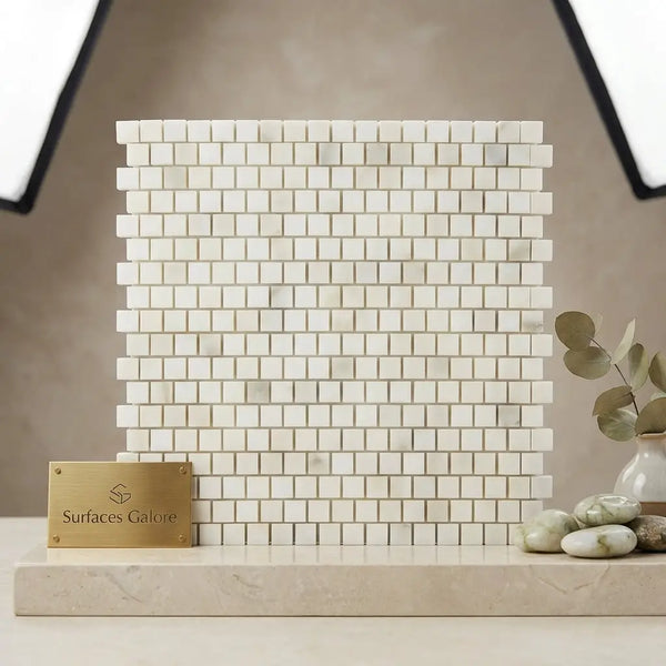 Calacatta verde royale marble 5/8x5/8 staggered mosaic tile panel with white marble and subtle gray veining in grid pattern