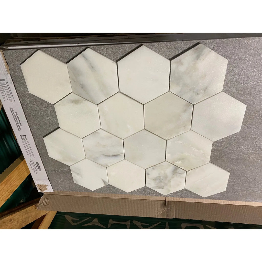 White Calacatta Verde Royale 6-inch hexagon marble mosaic tile with gray veining