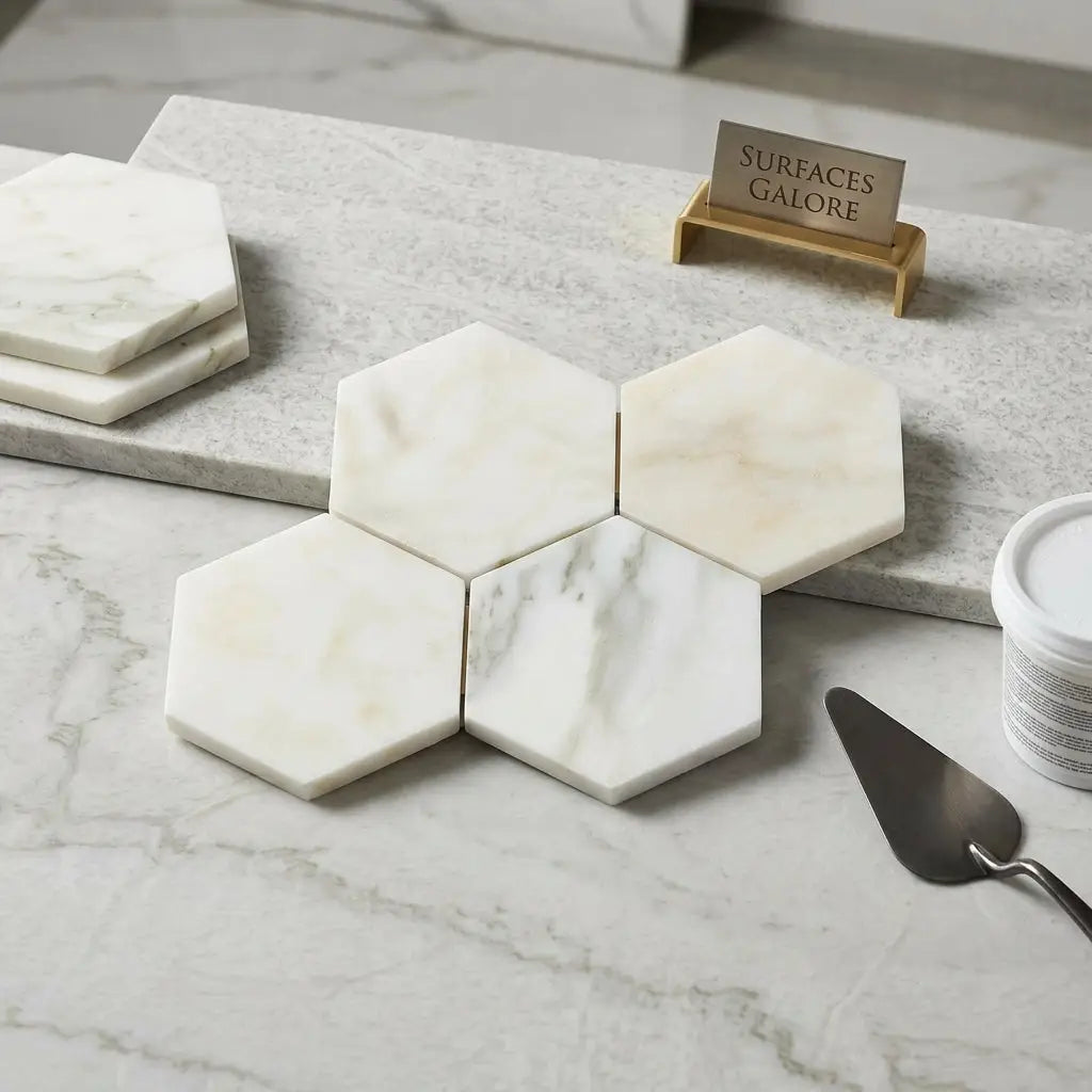 White hexagonal calacatta verde royale marble coasters with subtle gray veining polished or honed finish
