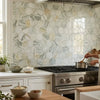 Calacatta Verde Royale marble 6 inch hexagon mosaic tile with white marble pattern and gray and gold veining for backsplash