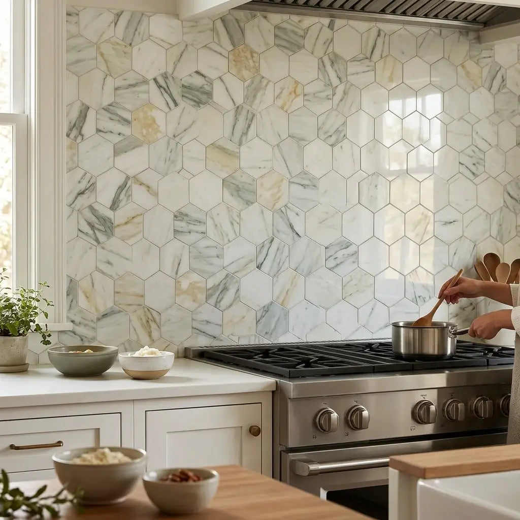 Calacatta verde royale marble 6 inch hexagon mosaic tile with polished marble pattern in white gray and beige veining