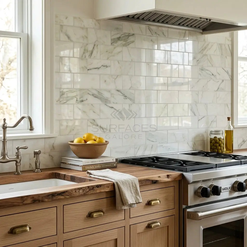 White marble subway tile with gray veining forming a sleek modern backsplash Calacatta Verde Royale 6x12 polished or honed