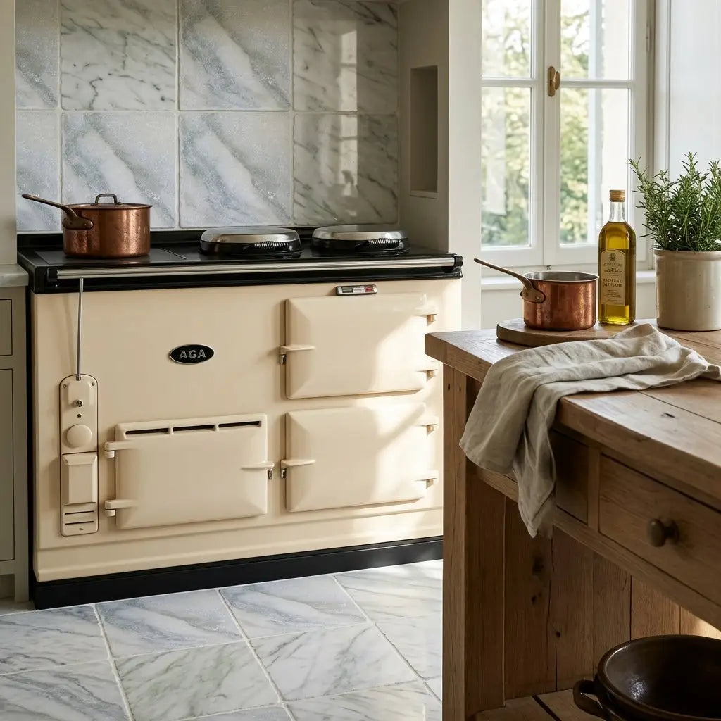 Cream-colored aga range cooker with black enamel top and classic panel design shown with calacatta verde royale marble tile