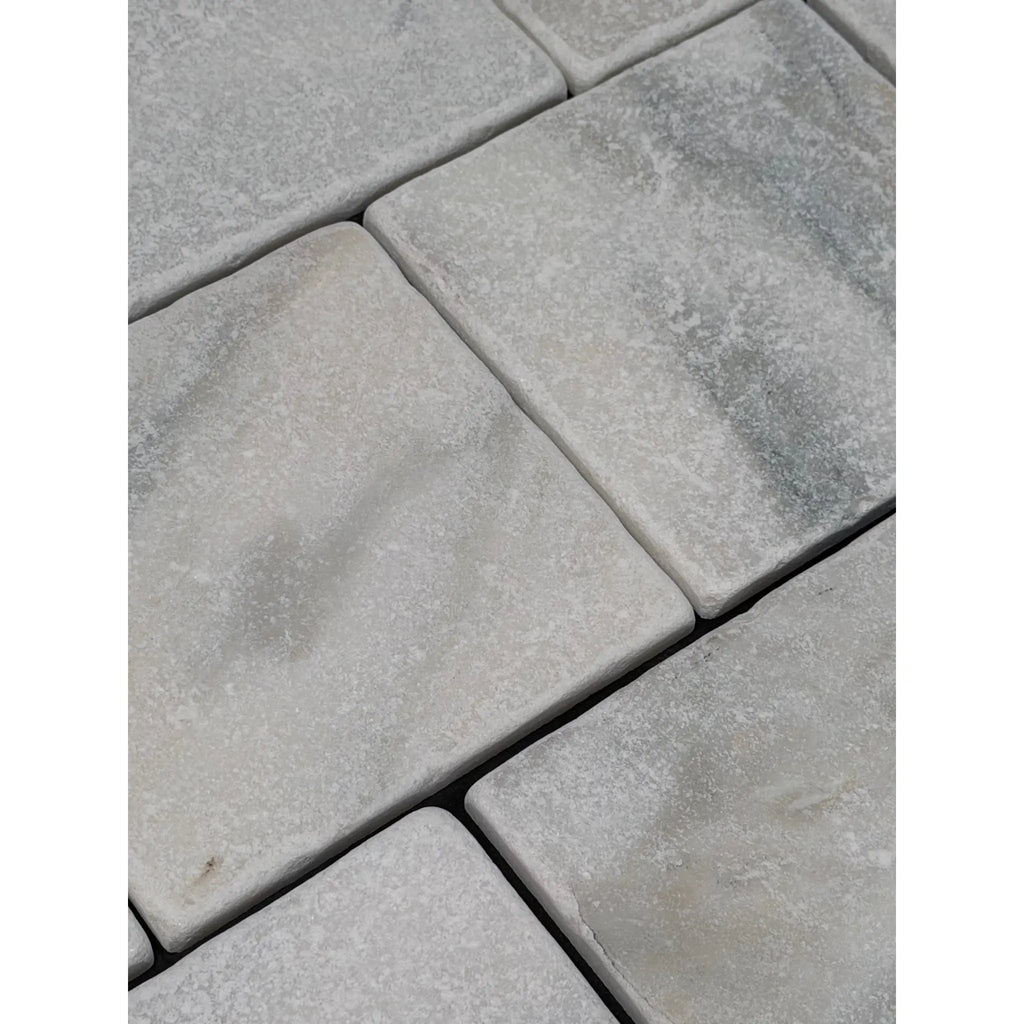 Calacatta verde royale marble 6x6 tile tumbled gray stone pavers with subtle marbled texture and uneven edges