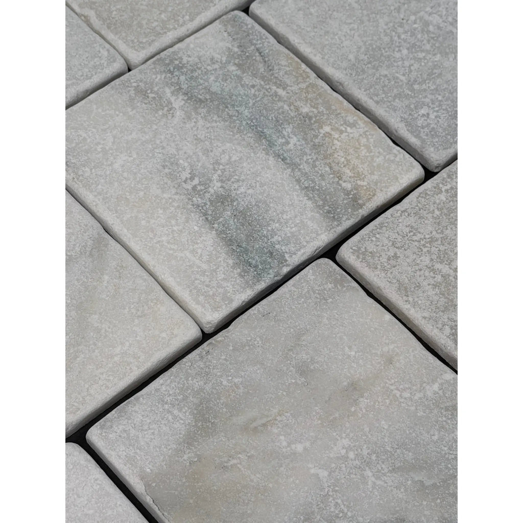 Calacatta verde royale marble 6x6 tile tumbled gray stone pavers with textured slightly weathered surface