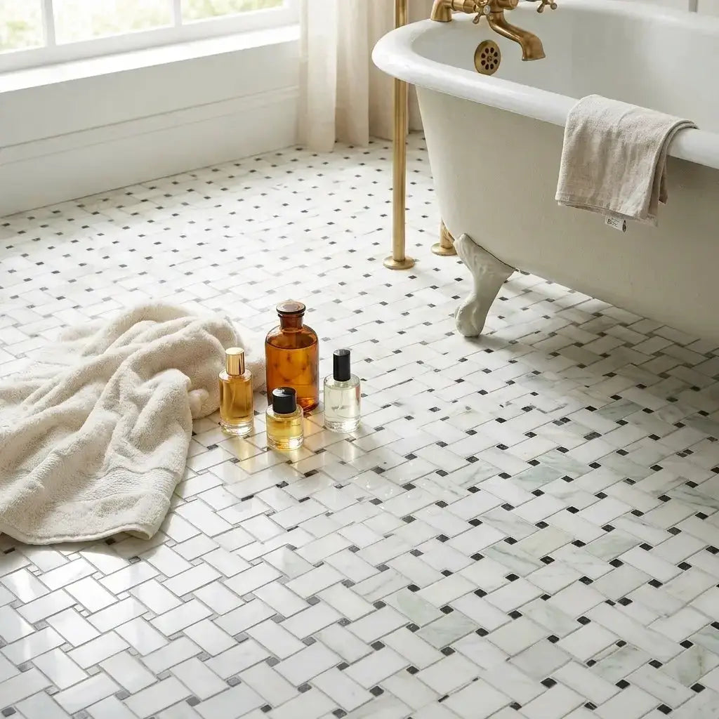 White marble mosaic tile floor with a herringbone pattern and black accent tiles in polished Calacatta Verde Royale