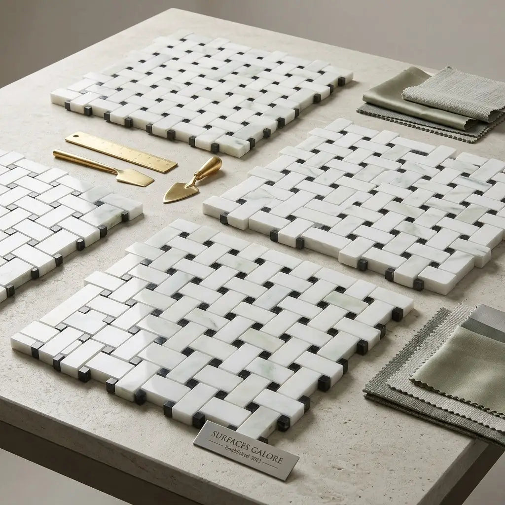 White marble mosaic basketweave tiles with black accent grout polished or honed calacatta verde royale marble