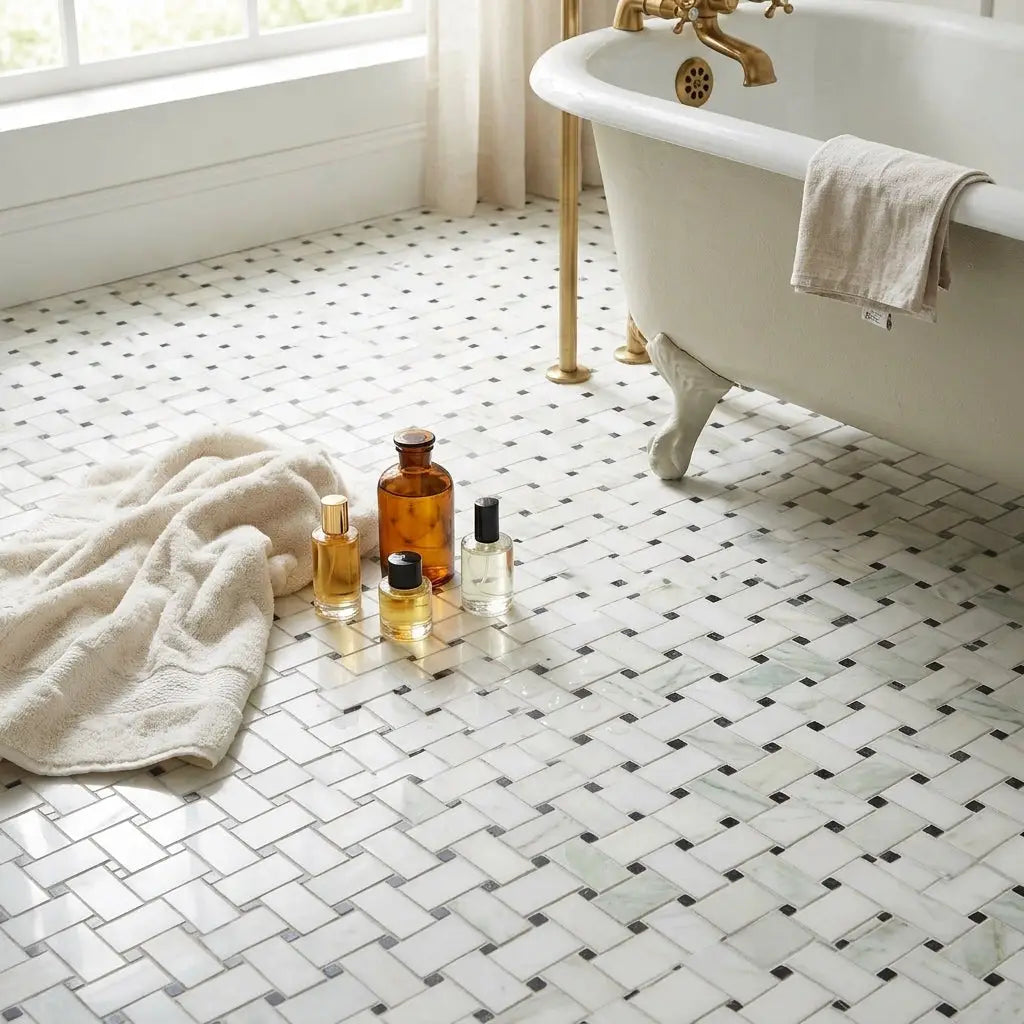Calacatta verde royale marble basketweave tile with black and white polished mosaic floor in herringbone pattern