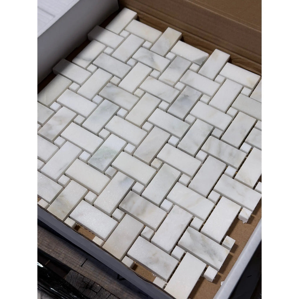 Calacatta Verde Royale marble herringbone mosaic tiles, polished