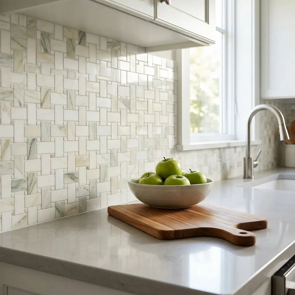 A ceramic bowl with a matte finish holding green apples on calacatta verde royale marble basketweave tile
