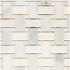 Woven white marble tile pattern in Calacatta Oliva Marble Basketweave design