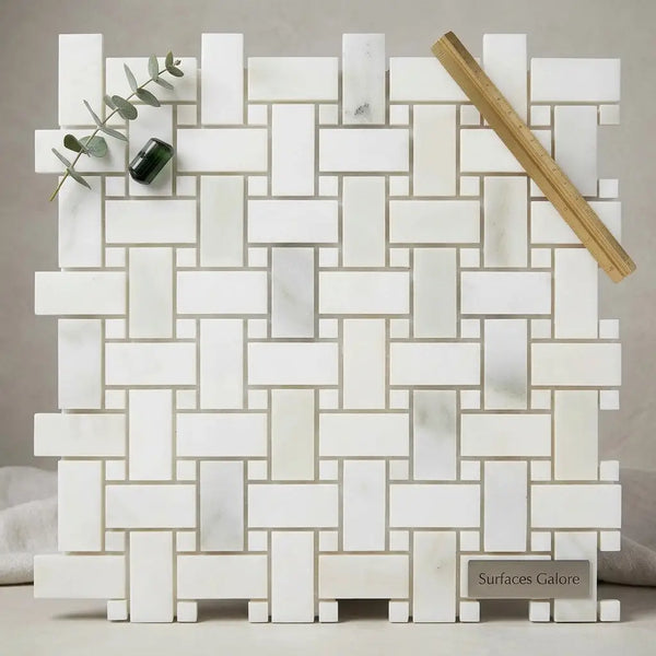Calacatta verde royale white marble mosaic tile with polished basketweave pattern in a woven design